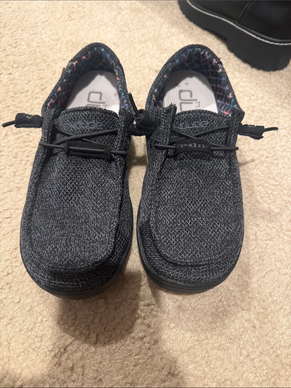 Hey Dude Black Knit Slip-On Shoes with Patterned Lining